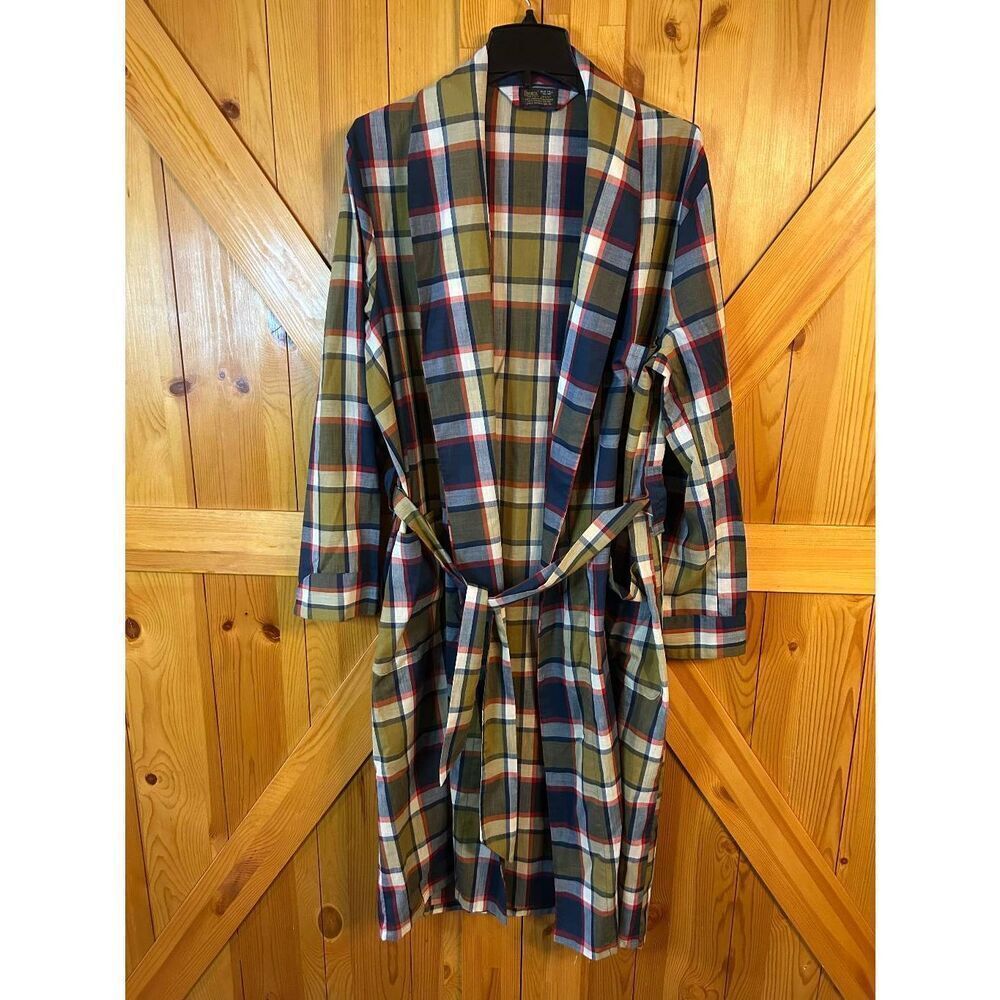 Vintage Sears Perma Prest Green Blue Red Cream Plaid Belted Robe Size Medium (89